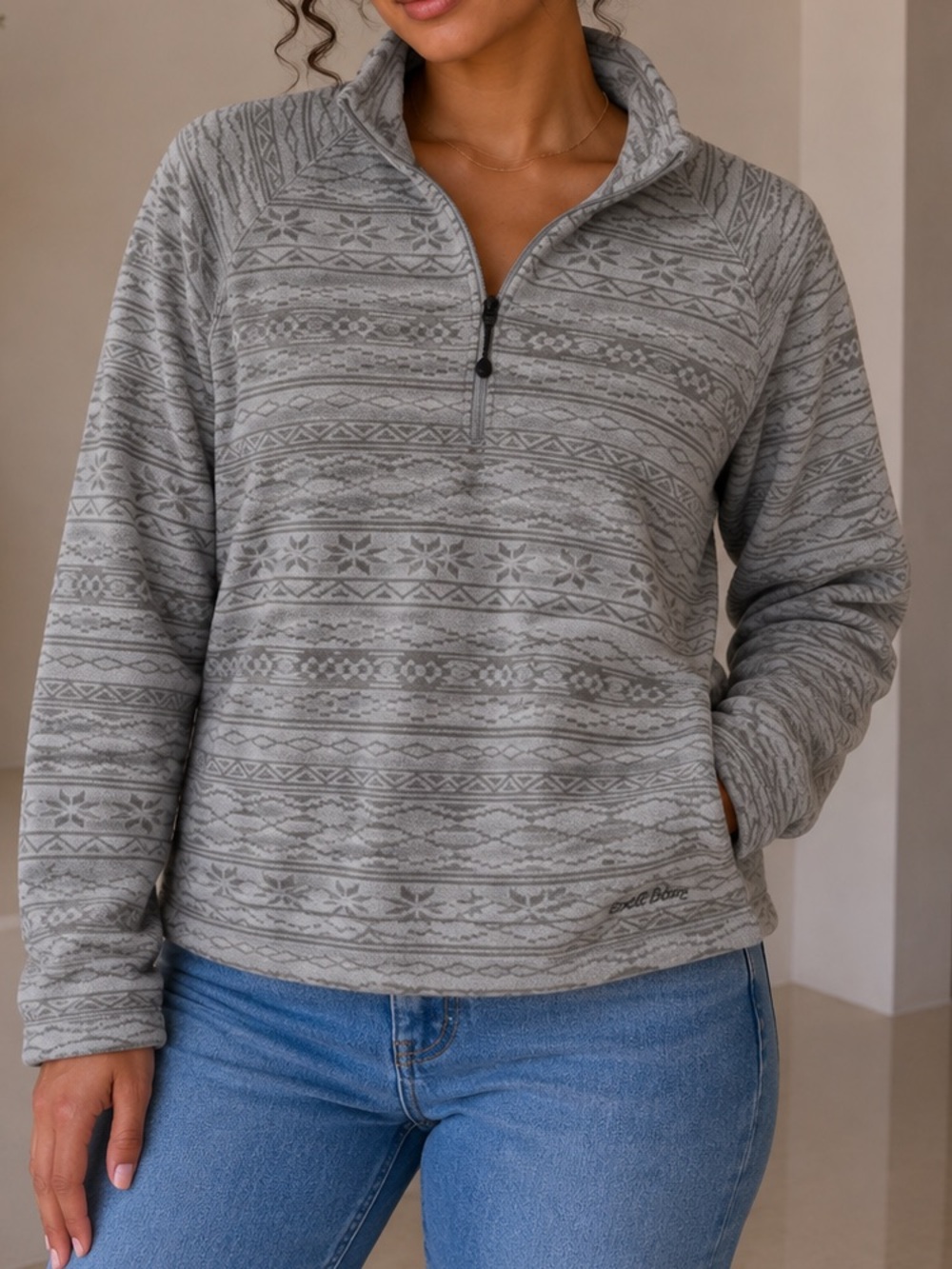 Eddie Bauer Grey Patterned Quarter-Zip Sweater